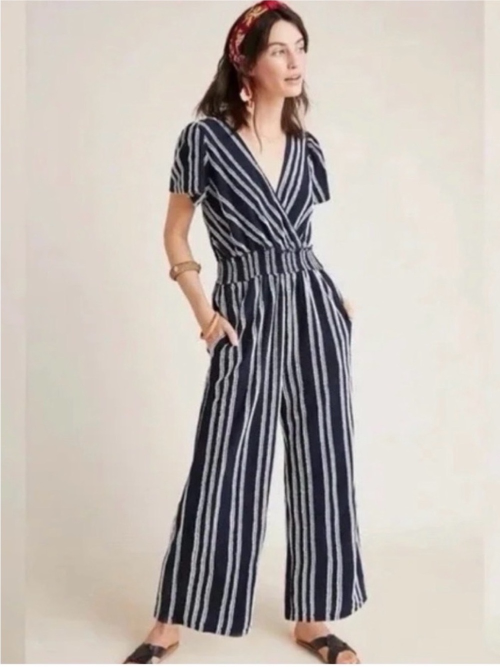 Anthropologie Dolan Canovas Navy White Stripe Wide Leg Jumpsuit XL